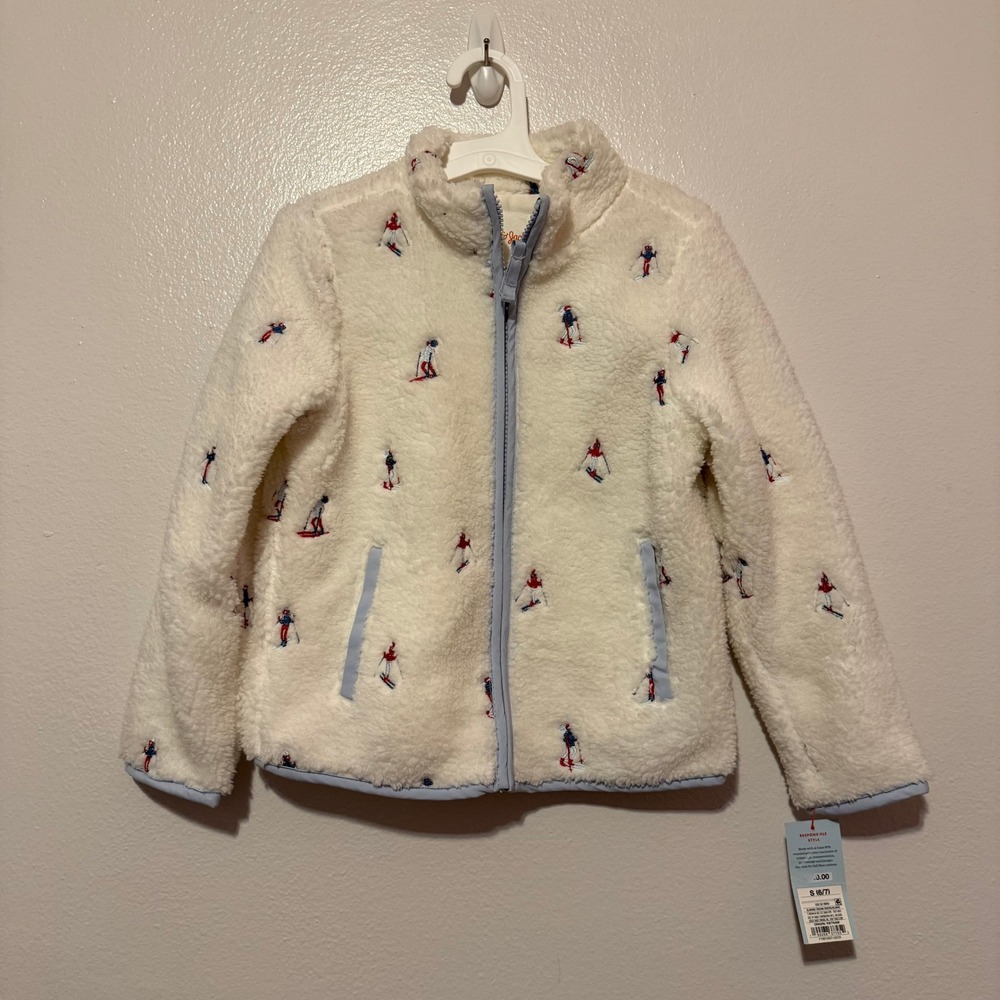 Cat & Jack Girls Cream Sherpa Fleece Skier Embroidered Zip Jacket Small 6/7 NWT